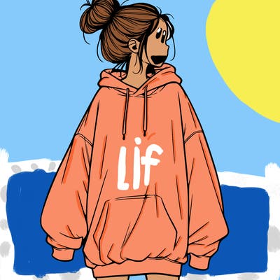 realistic girl with a oversized sweatshirt on and a bun