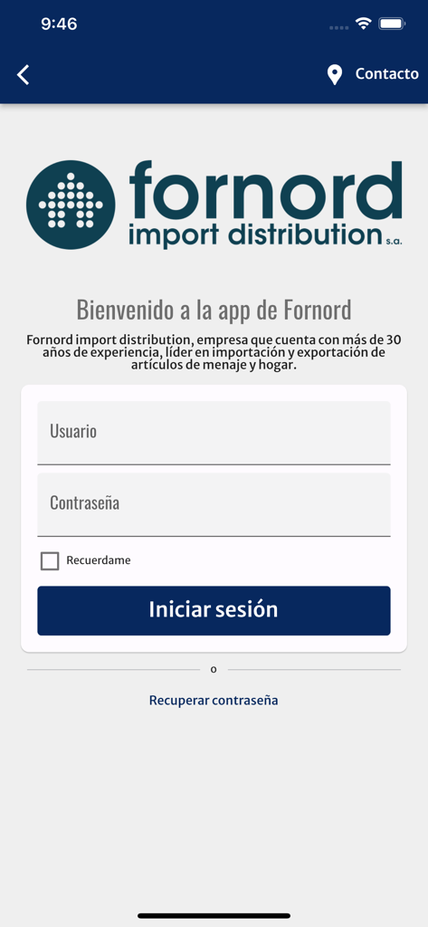 Fornord - Interfaz de inicio de sesión para la aplicación de abastecimiento mayorista Fornord con campos de nombre de usuario y contraseña.