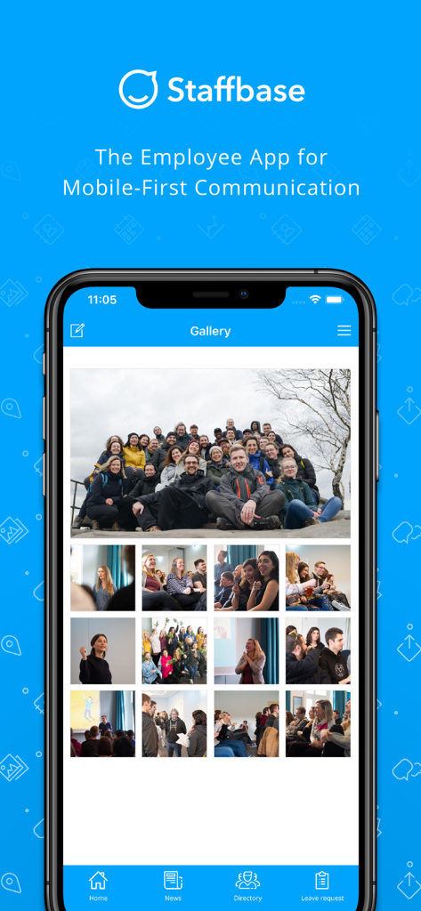 A interface do aplicativo de funcionários Staffbase mostrando uma galeria de fotos com membros da equipe e eventos da empresa.