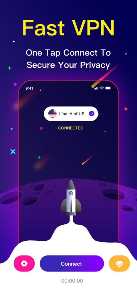 A smartphone screen displaying the PlanBooster VPN app with a rocket launch graphic and a connected status for a US server