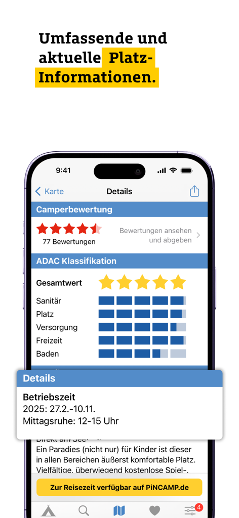 Captura de pantalla de la app ADAC Camping mostrando clasificación detallada del sitio, valoraciones y horarios de funcionamiento.