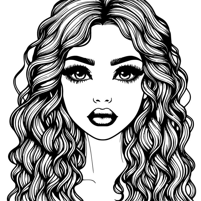 realistic detailed girl with long curly hair and lips