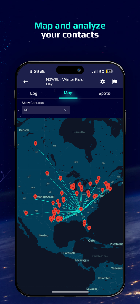 World Radio League - A smartphone screen showing the World Radio League app with a map of amateur radio contact logs across North America.