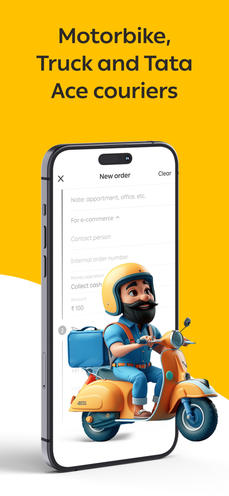 Borzo: Courier Delivery App - Una pantalla de teléfono inteligente que muestra el formulario de nuevo pedido de la aplicación Borzo con un mensajero de dibujos animados en 3D en una scooter
