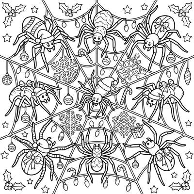 Discover a wonderfully whimsical Christmas scene featuring charming spiders dressed in festive holiday attire. This unique coloring page blends seasonal joy with a touch of playful arachnid fun, perfect for all ages.