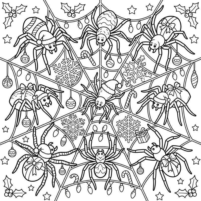 Discover a wonderfully whimsical Christmas scene featuring charming spiders dressed in festive holiday attire. This unique coloring page blends seasonal joy with a touch of playful arachnid fun, perfect for all ages.
