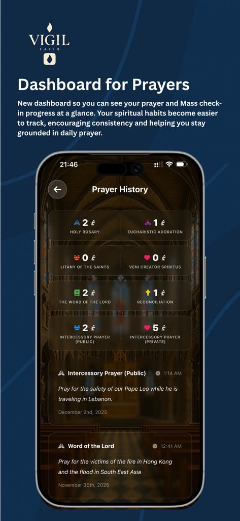 Vigil Faith - Catholic Bible - Eine mobile App-Oberfläche, die ein Dashboard zur Gebetshistorie mit spiritueller Gewohnheitsverfolgung für die Vigil Faith Catholic App anzeigt.