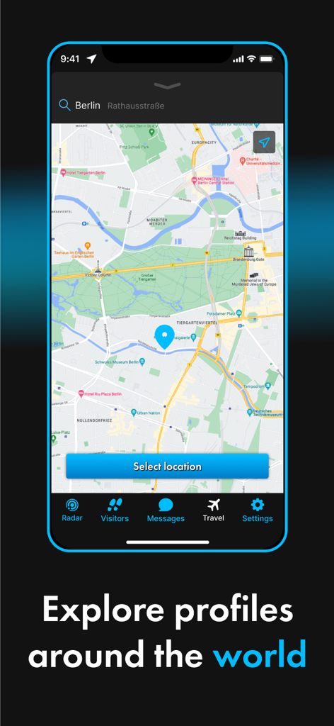 ROMEO gay dating app travel feature showing a map of Berlin to explore profiles worldwide.
