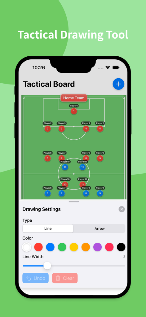 TacticPro - Interfaz de la aplicación TacticPro que muestra un tablero táctico de fútbol con herramientas de dibujo para entrenadores.