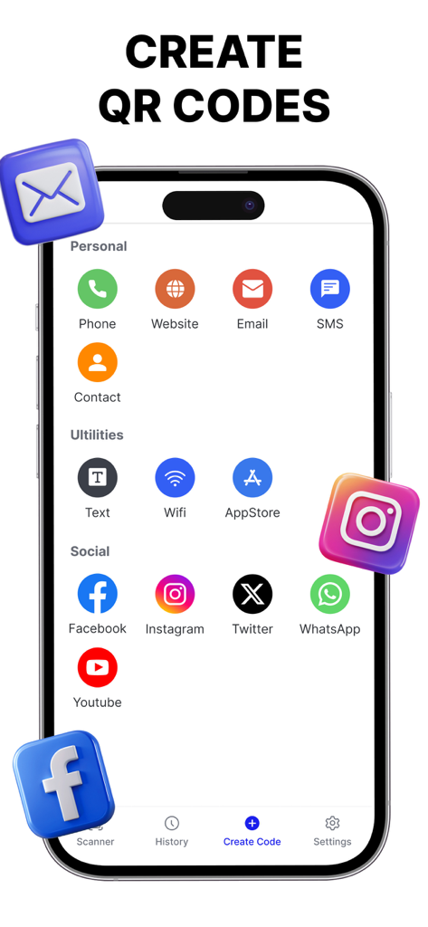 QR Code Scanner - Generate QR - Mobile App-Oberfläche mit Optionen zum Erstellen von QR-Codes für persönliche Kontakte, Websites, WLAN und Social-Media-Plattformen wie Instagram und Facebook.