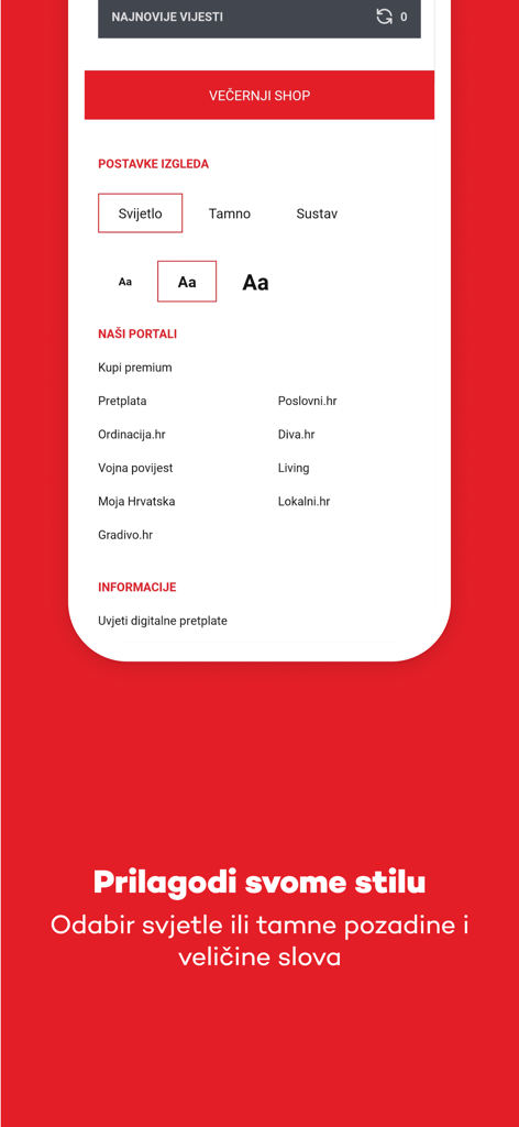 Večernji list - Večernji list app settings screen for choosing light or dark mode and adjusting text size