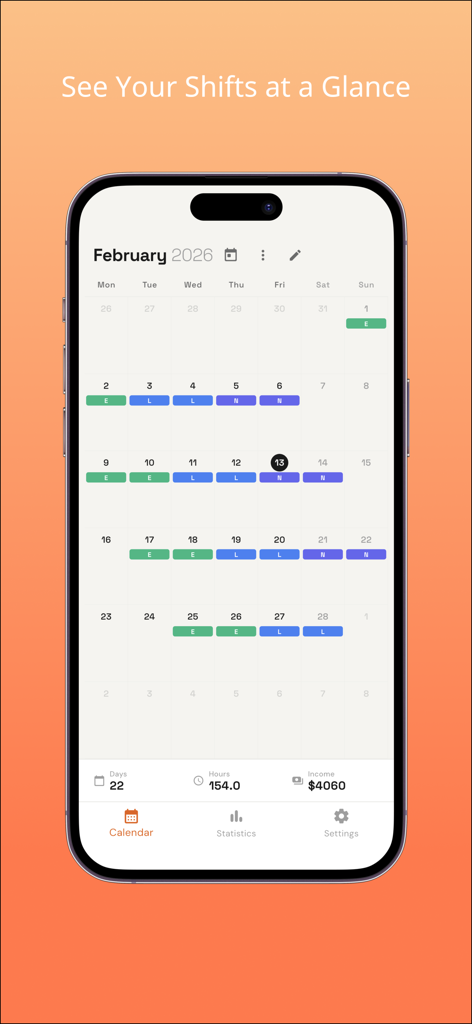 Interfaccia del calendario mensile dell'app Shift Work Planner che mostra turni di lavoro codificati a colori e statistiche sul reddito stimato