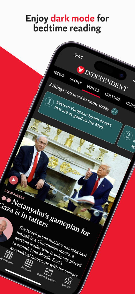 The Independent: Breaking News - ダークモードでThe Independentニュースアプリを表示するスマートフォン画面。グローバルニュースの見出しとベンヤミン・ネタニヤフに関する記事が表示されています。