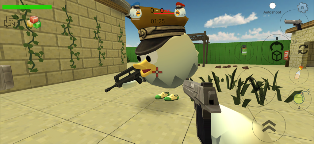 Chicken Gun - A customized chicken with a military hat and rifle in Chicken Gun gameplay