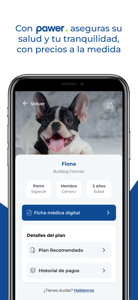 Pawer - A digital pet health profile in the Pawer app displaying a French Bulldog's records and plan details.