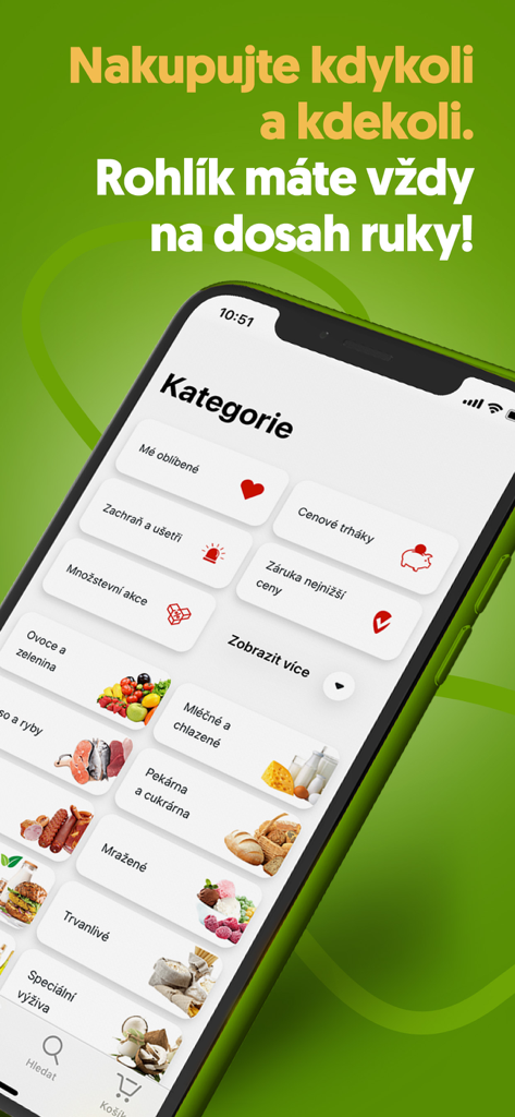 Smartphone screen displaying the Rohlik grocery delivery app with various shopping categories like fresh produce dairy and bakery products