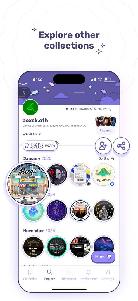Interfaz de la aplicación móvil que muestra una galería curada de insignias digitales de asistencia con el texto Explora otras colecciones.