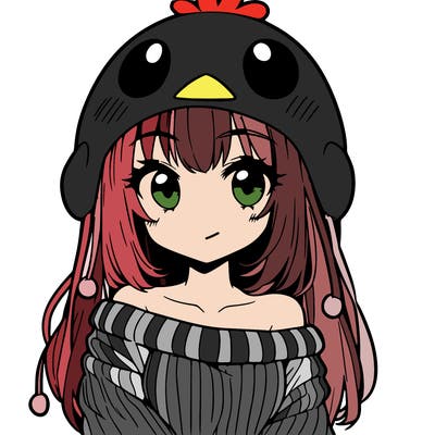 anime girl with chick shaped hat with sweater with bare shoulders with bangs covering them one eye with low tail