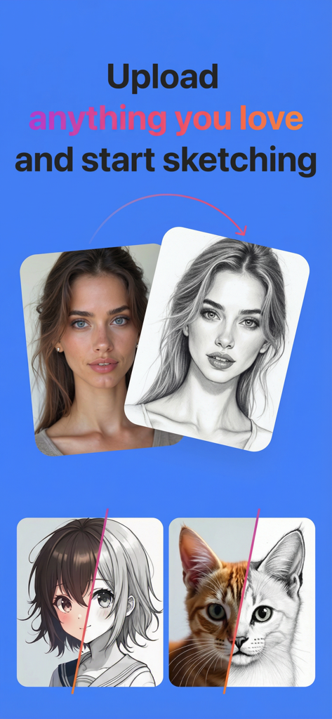 AR Drawing app screen showing how to upload images and convert them into sketches for tracing including examples of portraits anime characters and animals
