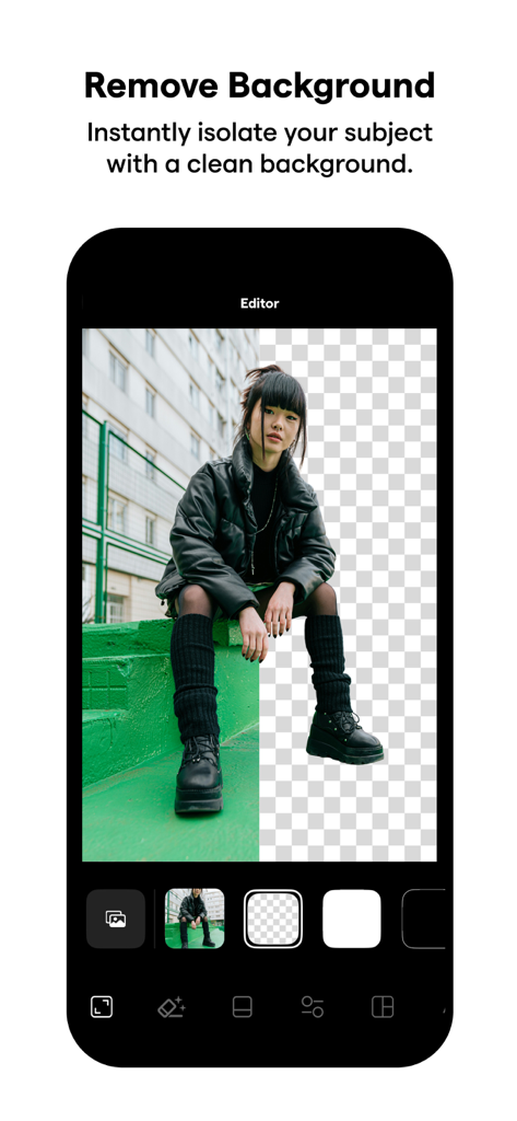 Una pantalla de teléfono inteligente que muestra la herramienta de eliminación de fondo de la aplicación Instasize aislando a una persona de un fondo urbano.