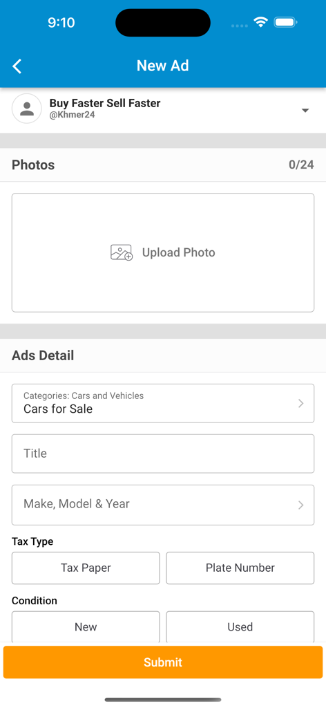 Interface of the Khmer24 mobile app showing the form to create a new advertisement for a car sale including photo upload and vehicle details.