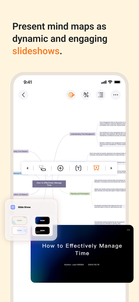 GitMind: AI Mind Map & Notes - 時間管理に関するGitMindマインドマップが、ダイナミックなスライドショーとして表示されているアプリインターフェース。