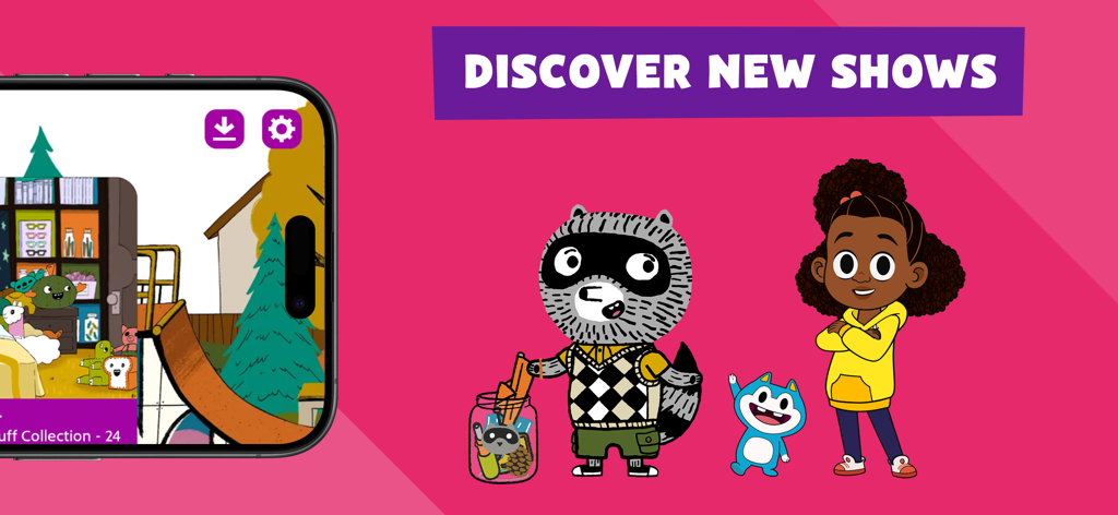 PBS KIDS Video - PBS KIDS Video app screen with animated characters and Discover New Shows text