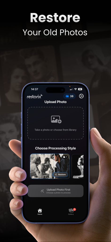 AI Photo Fix Restore: Restorix - A hand holding a phone showing the Restorix app for restoring and colorizing old photos