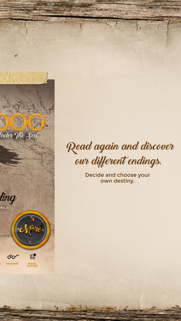 20000 Leagues Under the Sea - Interactive Fiction - A vintage-style screen for 20000 Leagues Under the Sea interactive fiction app encouraging readers to discover different endings.