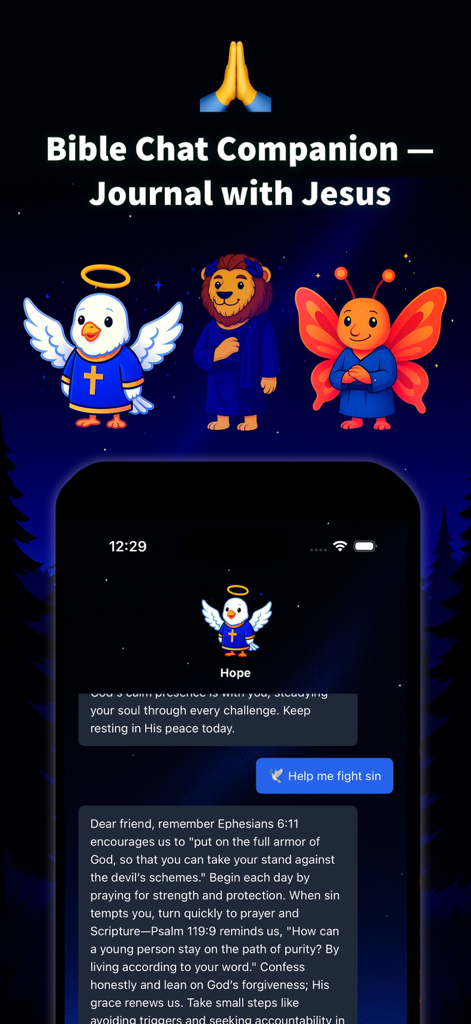 Interface of the Bible Chat Companion app showing religious character guides and a scripture-based chat session.