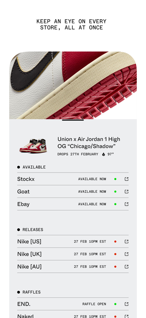 House of Heat - Interfaz de la app House of Heat mostrando un calendario de lanzamientos global en tiempo real y disponibilidad de zapatillas Union x Air Jordan 1 en varios minoristas.