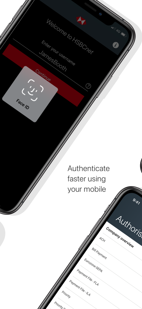 Écran de connexion de l'application mobile HSBCnet avec authentification biométrique Face ID et tableau de bord d'autorisation des paiements d'entreprise