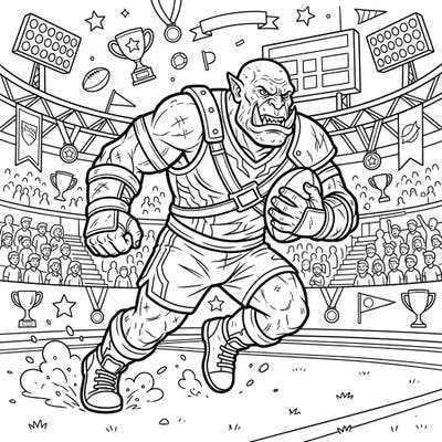 Get ready for an adrenaline rush with this unique coloring page featuring a formidable orc engaged in an intense major sports event. Immerse yourself in the action of a fantasy stadium and bring this powerful warrior to life with your vibrant colors.