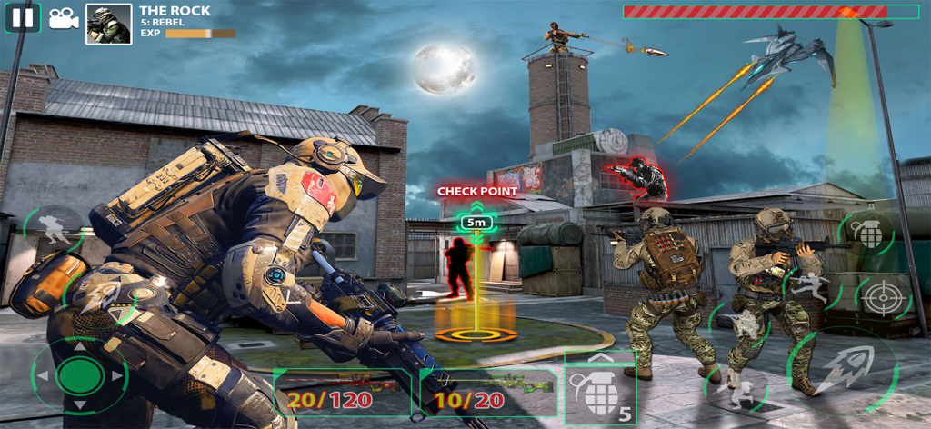 Fps Counter Strike: Sniper War - A tactical shooter gameplay scene showing soldiers in combat at night under a full moon with a drone overhead.