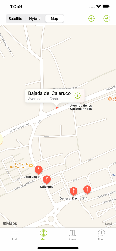 Vista del mapa de la aplicación TUS Santander que muestra los pines de las paradas de autobús y los detalles de la ubicación de llegada