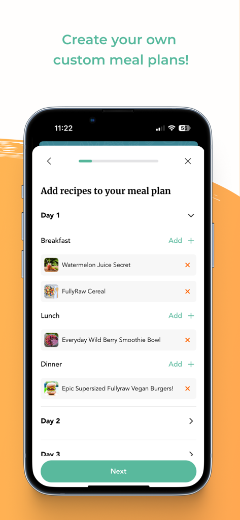 FullyRaw by Kristina - Mobile interface of the FullyRaw by Kristina app showing the creation of a custom daily meal plan with breakfast lunch and dinner recipes