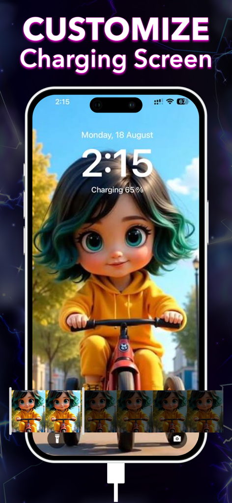 An iPhone displaying a customized charging screen with an aesthetic animation of a character on a bike