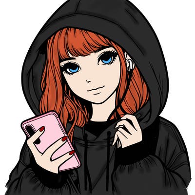 realistic girl with oversized hood and holding a phone