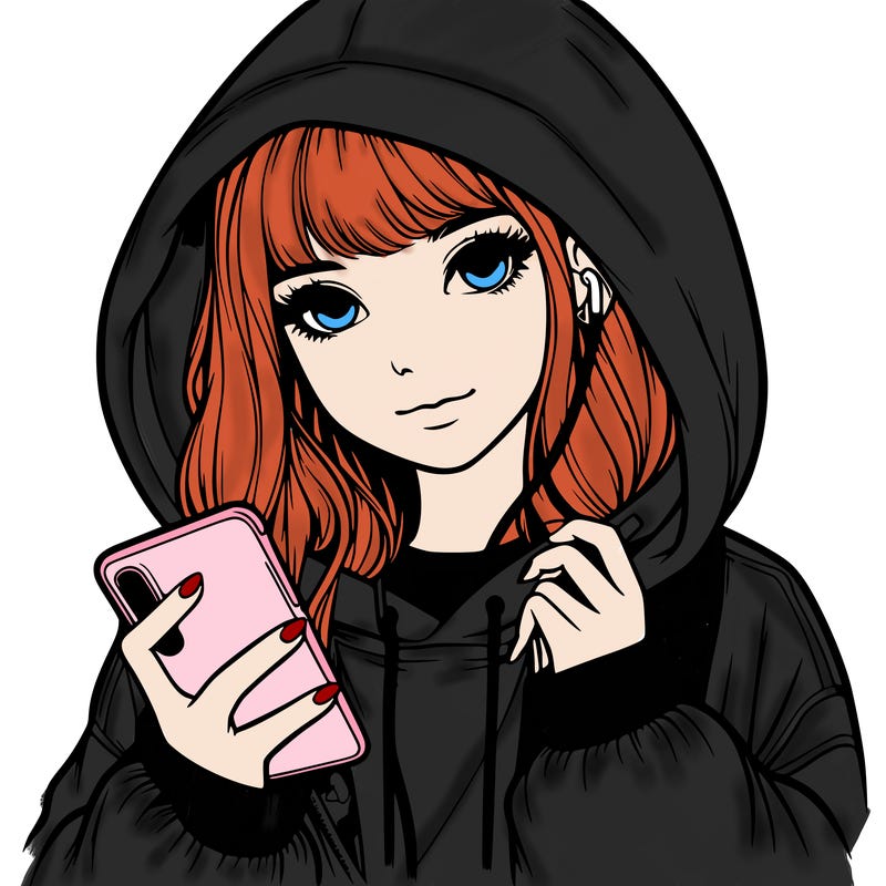 realistic girl with oversized hood and holding a phone