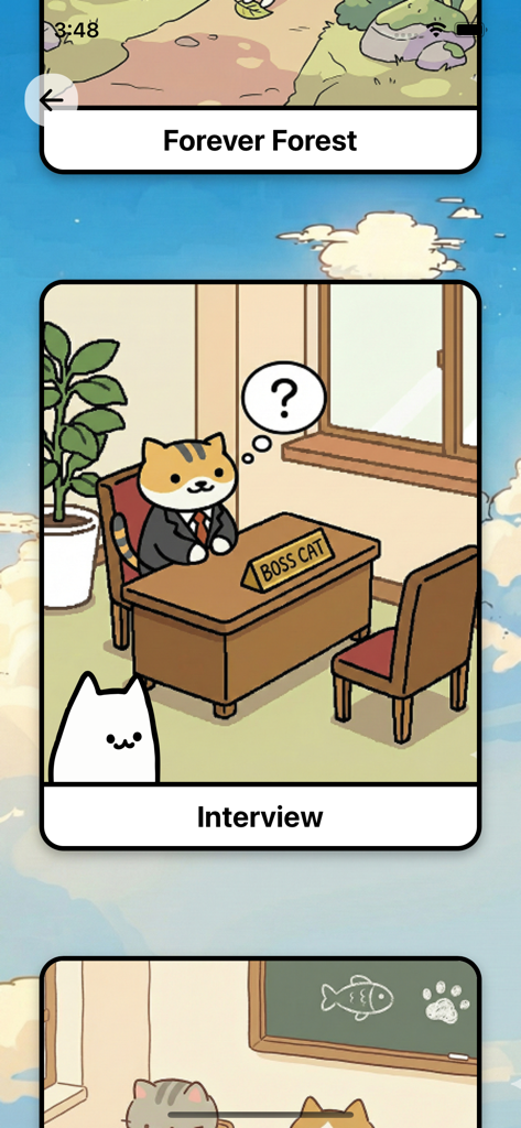 Interfaz de la aplicación SpeakRPG que muestra escenarios de juego de rol basados en historias, incluida una entrevista con un personaje jefe gato.