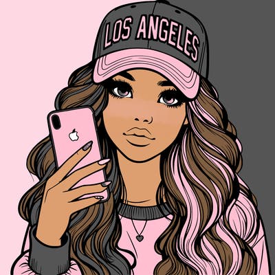 realistic beautiful girl wearing los ángeles cap holding an iphone
