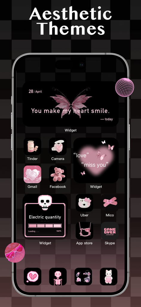 Cool Maker: Wallpaper & Font - iPhone home screen with a pink and black aesthetic theme featuring custom widgets and app icons