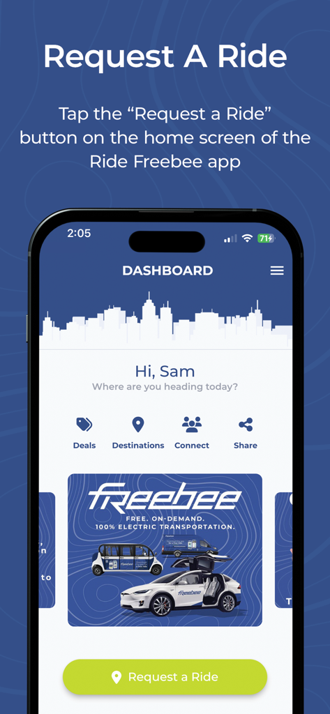 Écran d'iPhone montrant le tableau de bord de l'application Ride Freebee avec un bouton « Demander un trajet » et des options de transport local