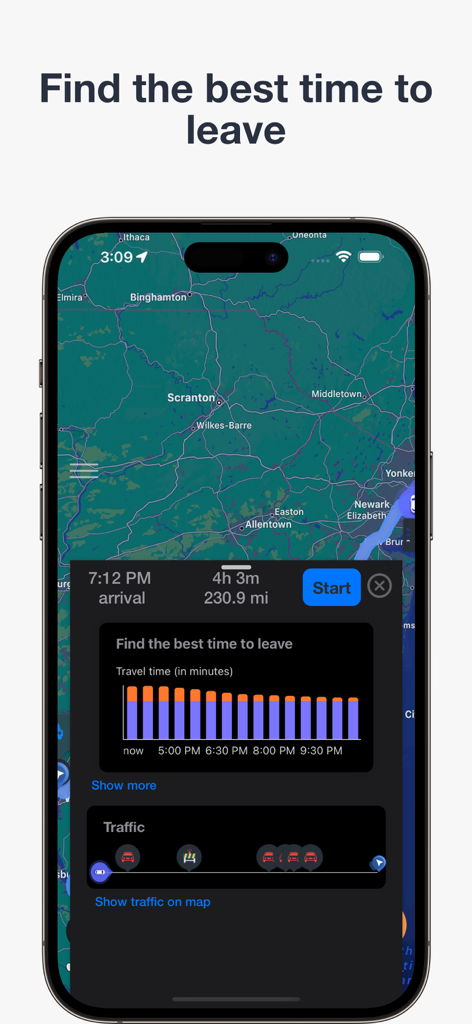 Tela do aplicativo Findie exibindo um gráfico de tempo de viagem e condições de tráfego em um mapa para ajudar os usuários a encontrar o melhor horário para sair.