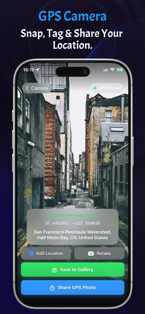 GPS Camera: Live Map & Geotag - Smartphone interface showing a photo of an alley with an embedded GPS tag including coordinates and address in Half Moon Bay