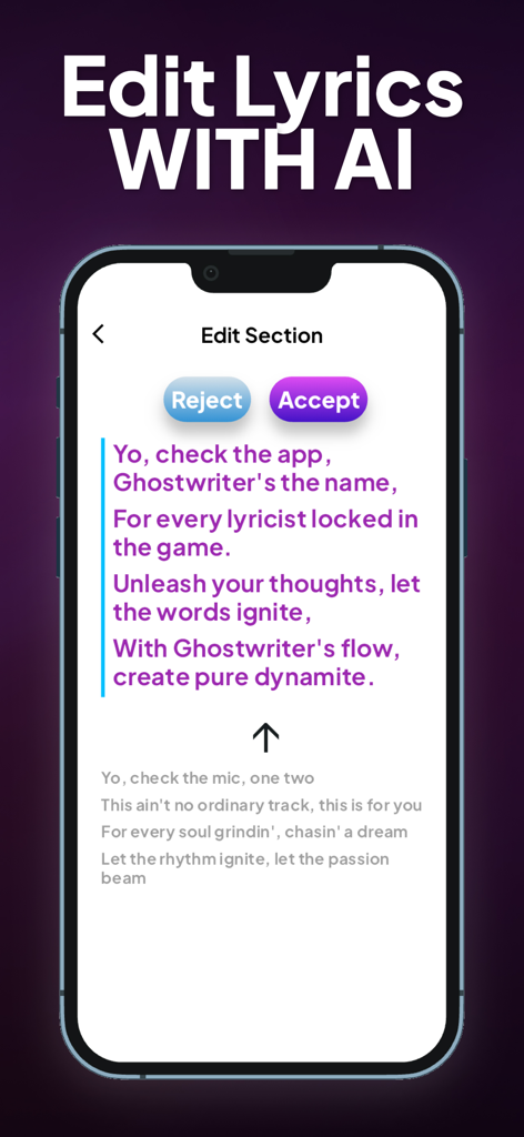Ghost Writer: Song Writing App - Mobile app screen showing AI-powered lyric editing with accept and reject options for a rap verse.
