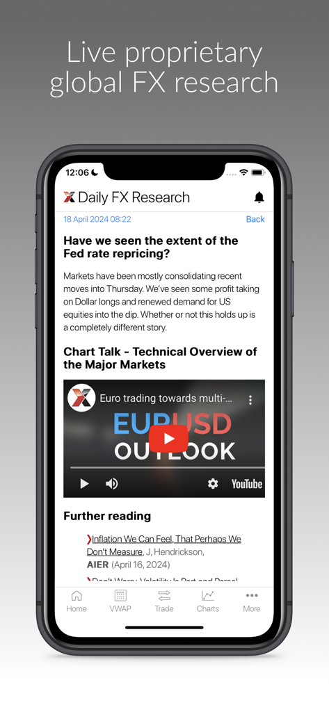 Screenshot of the Daily FX Research section in the LMAX Global Trading app showing market analysis and a EUR USD outlook video.