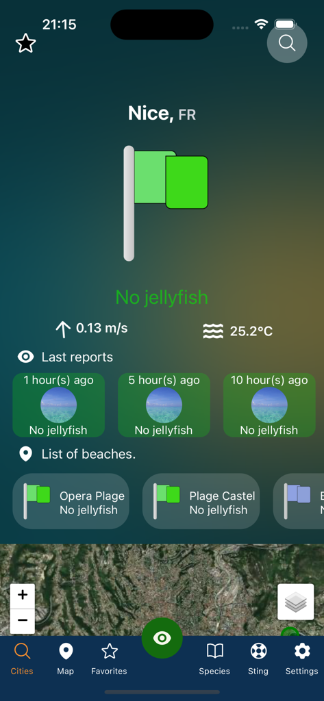 Meduseo - Meduseo app interface displaying jellyfish status and water temperature for Nice France