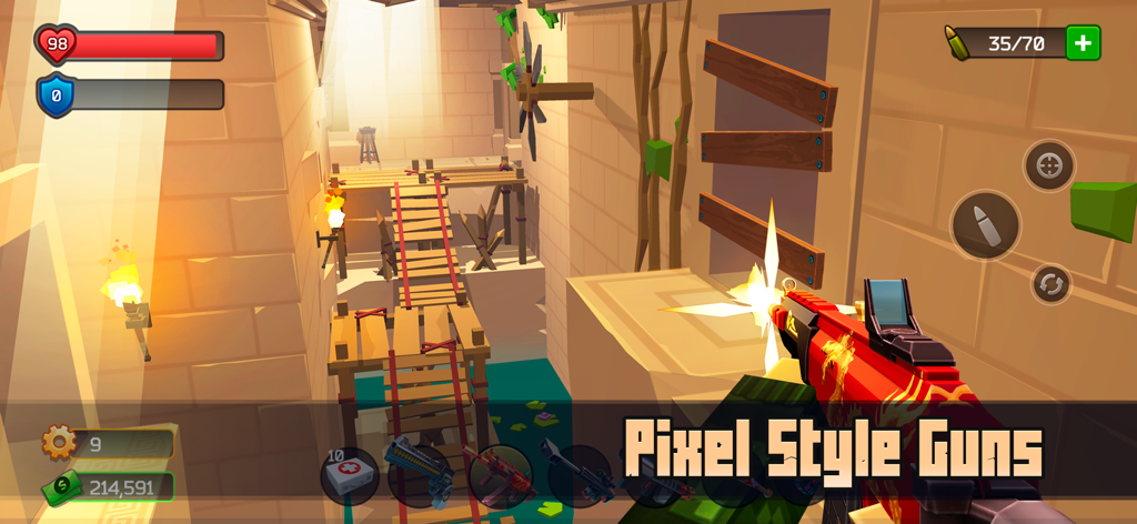 Pixel Combat: Zombie Games 3-D - First person shooter gameplay in Pixel Combat showing a pixel style gun and cubic environment