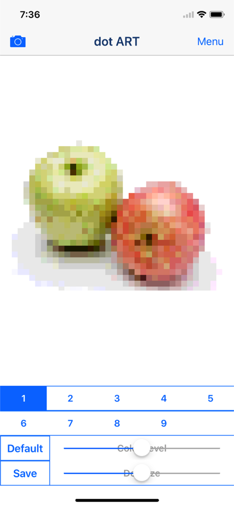 dot ART - Mosaic Effects App - Screenshot of dot ART app showing a pixelated mosaic effect applied to an image of apples with editing sliders